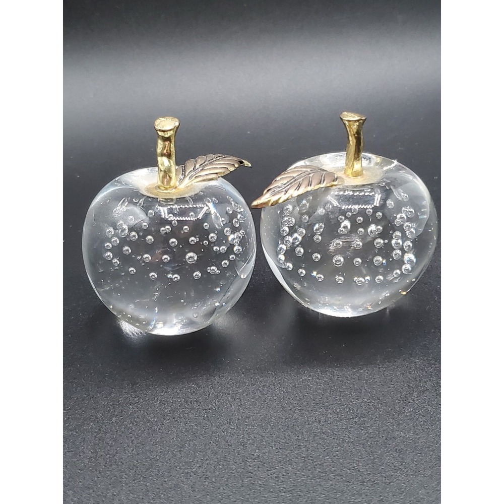 2 Blown Glass Apple with Controlled Forever Bubbles Brass Stem Leaf pair stunnin